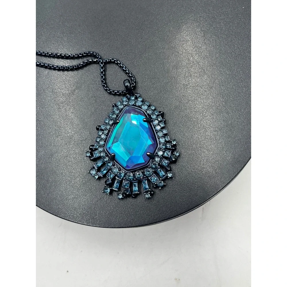 Kendra Scott Navy Gunmetal Daenerys Necklace in Indigo Dichroic Glass Adjustable